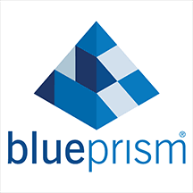 Logotipo de Blue Prism con pirámide azul y texto en azul.