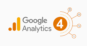 Logotipo de Google Analytics 4 con iconos de análisis en naranja.